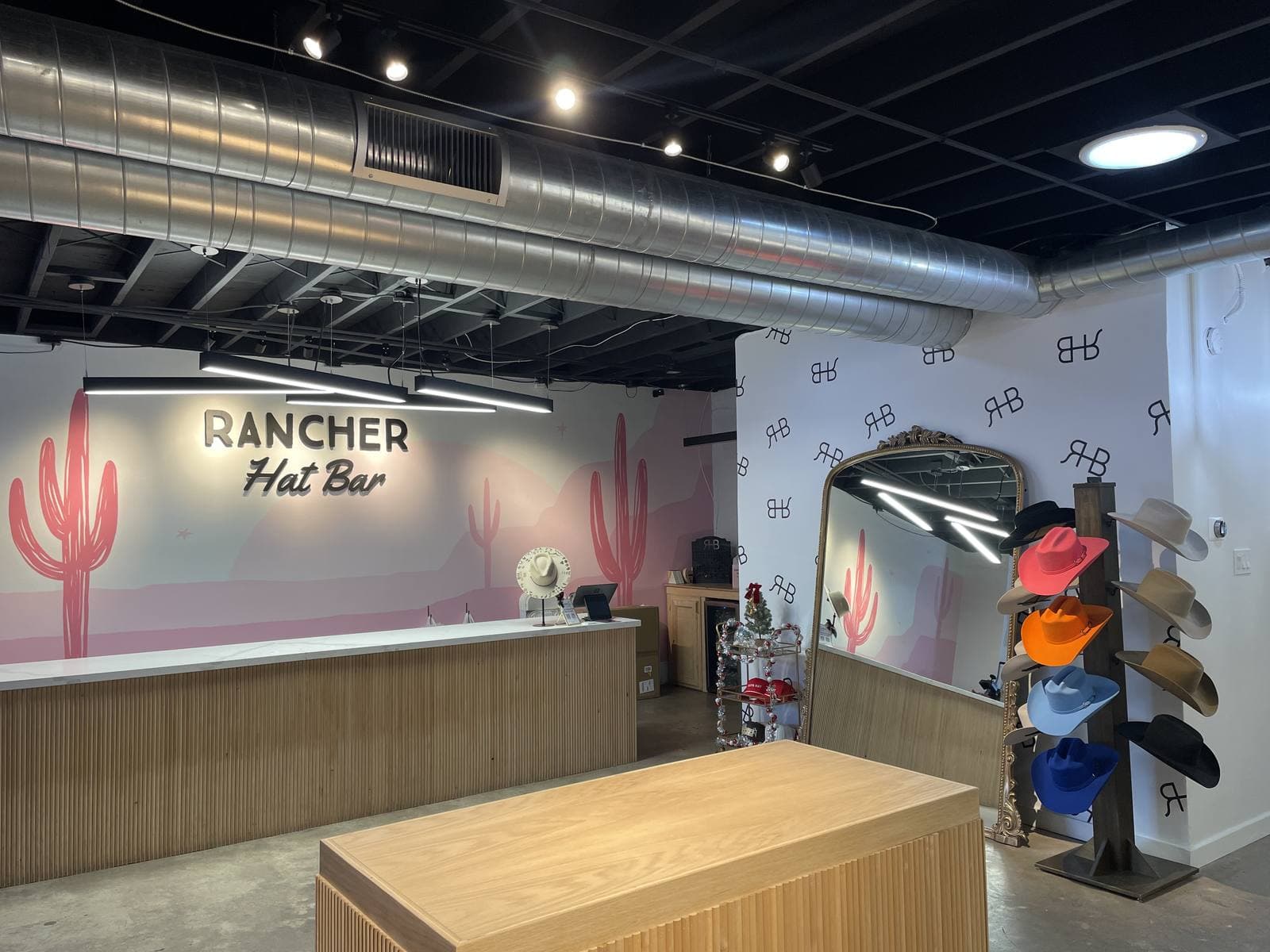 Finished retail tenant space with commercial lighting and fixtures